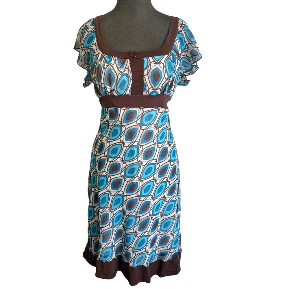 rue21 Women XL Blue Brown Geometric Teardrop Print Empire Waist Dress Retro Y2K